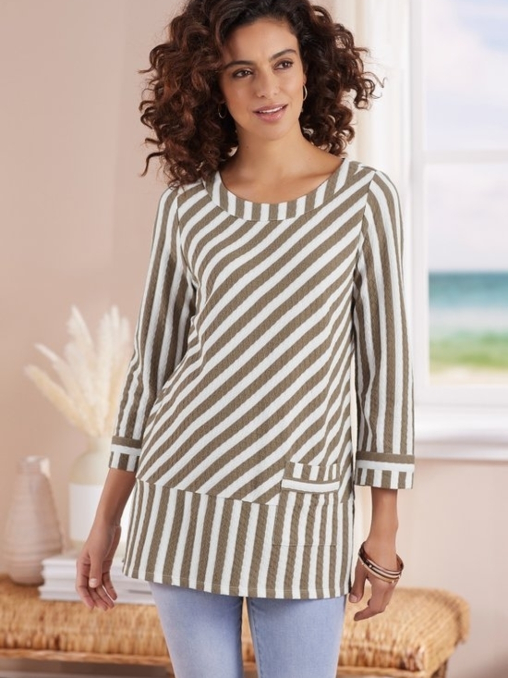 Soft Surroundings Glorieta Diagonal Striped 3/4 Length Sleeve Tunic Top